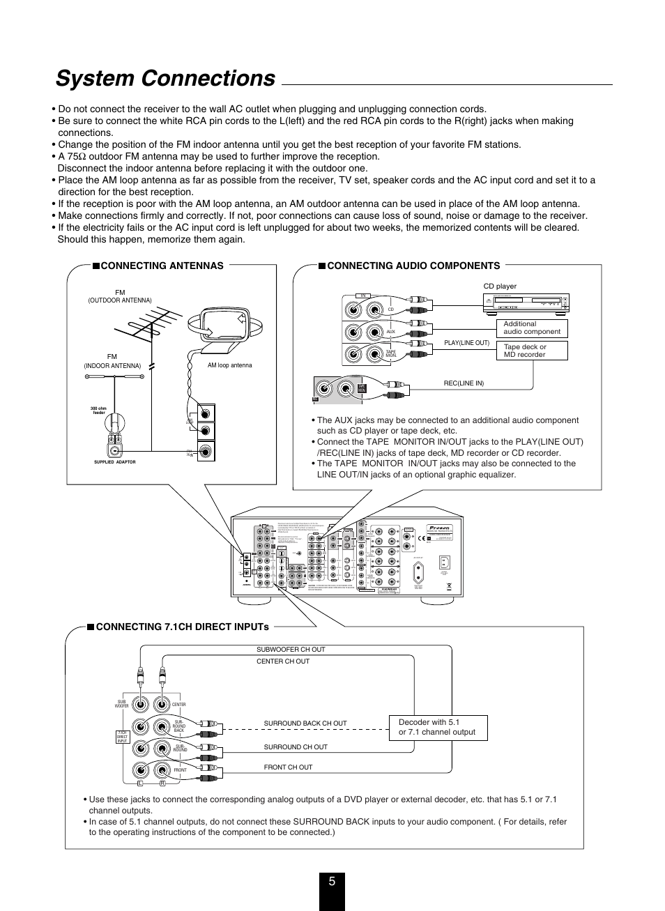 System connections, Video 1 video 2, Coax1 coax2 | 1ch direct input, Center, Connecting audio components, Connecting 7.1ch direct inputs, Decoder with 5.1 or 7.1 channel output, Cd player | DTS RV4700 DTS-ES User Manual | Page 5 / 50