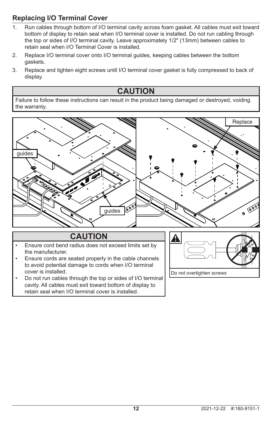 Caution, Replacing i/o terminal cover | Peerless-AV Neptune 55" 4K UHD HDR Smart IPS LED Outdoor TV (Partial Sun) User Manual | Page 12 / 96