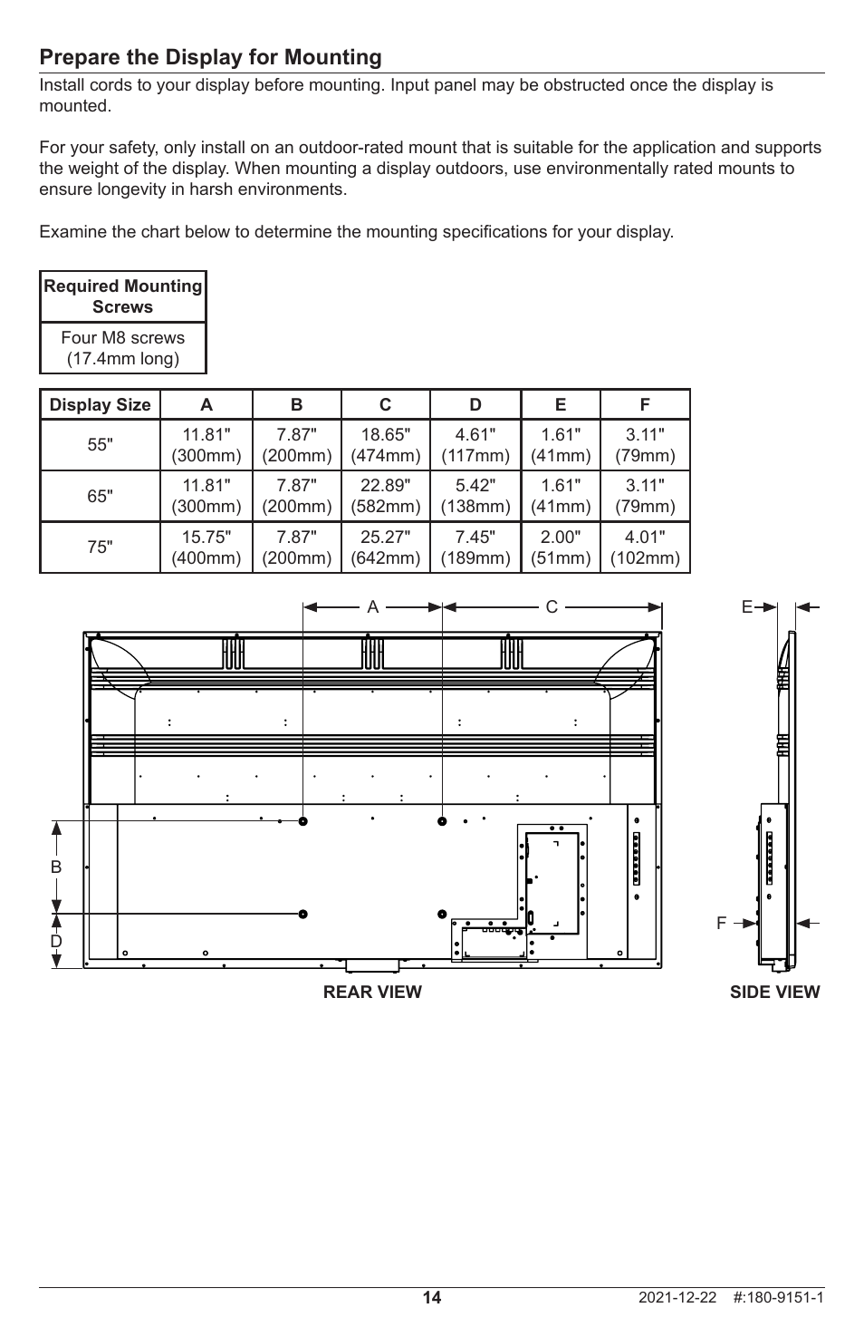 Prepare the display for mounting | Peerless-AV Neptune 55" 4K UHD HDR Smart IPS LED Outdoor TV (Partial Sun) User Manual | Page 14 / 96