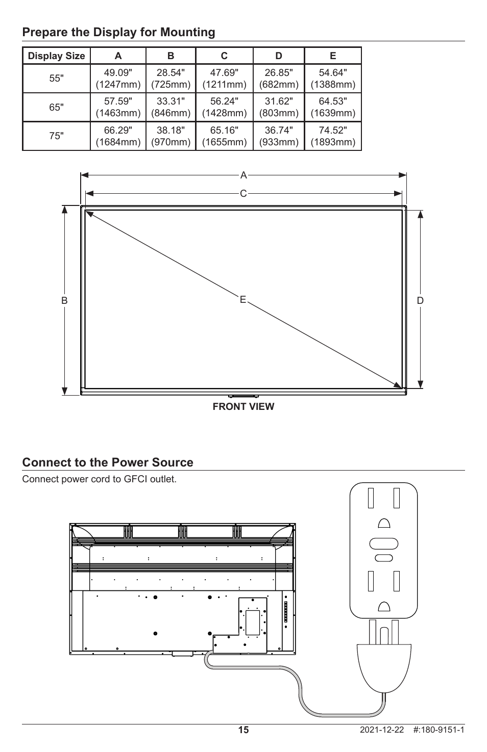 Prepare the display for mounting, Connect to the power source | Peerless-AV Neptune 55" 4K UHD HDR Smart IPS LED Outdoor TV (Partial Sun) User Manual | Page 15 / 96