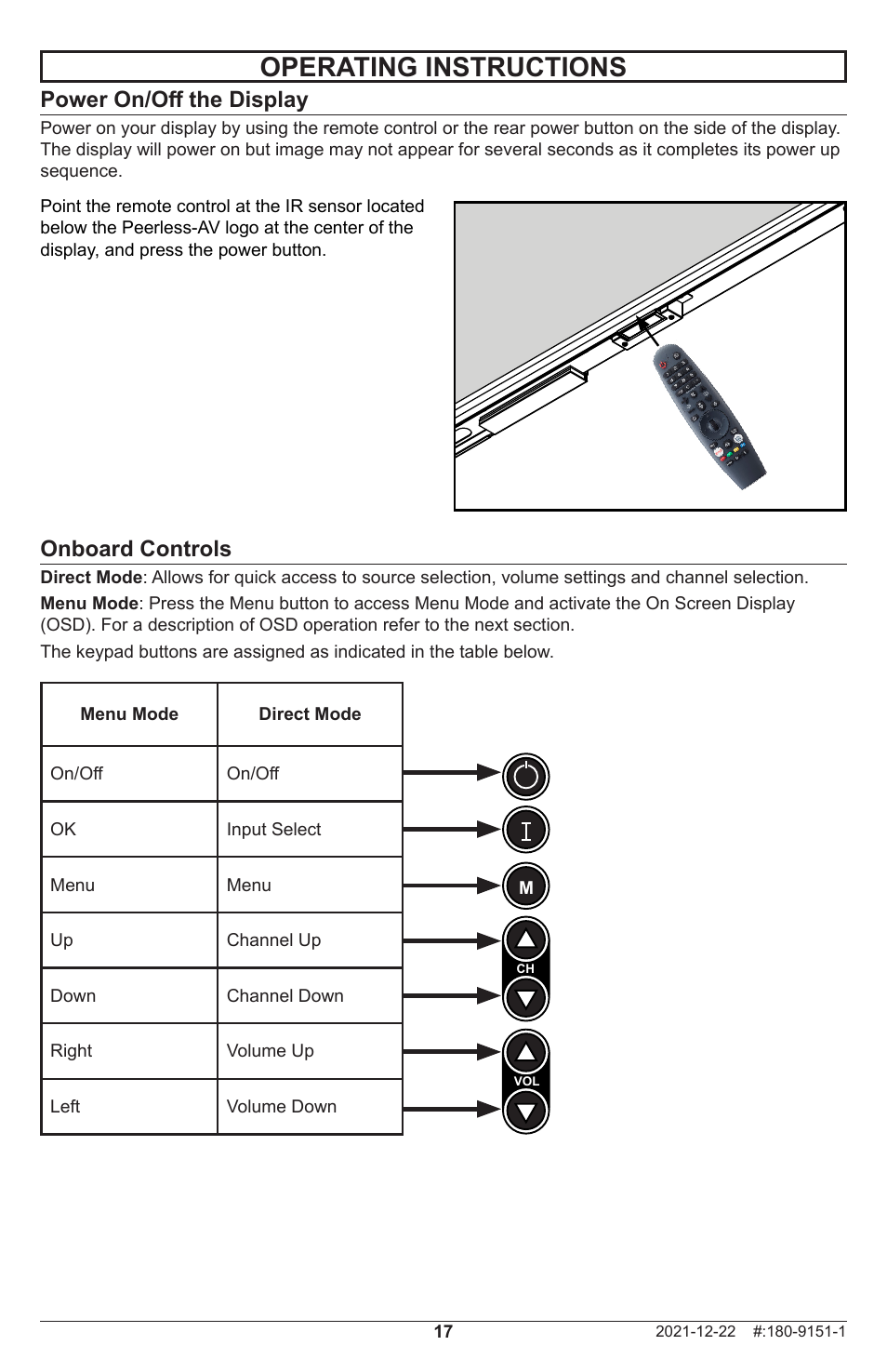 Operating instructions, Power on/off the display, Onboard controls | Peerless-AV Neptune 55" 4K UHD HDR Smart IPS LED Outdoor TV (Partial Sun) User Manual | Page 17 / 96