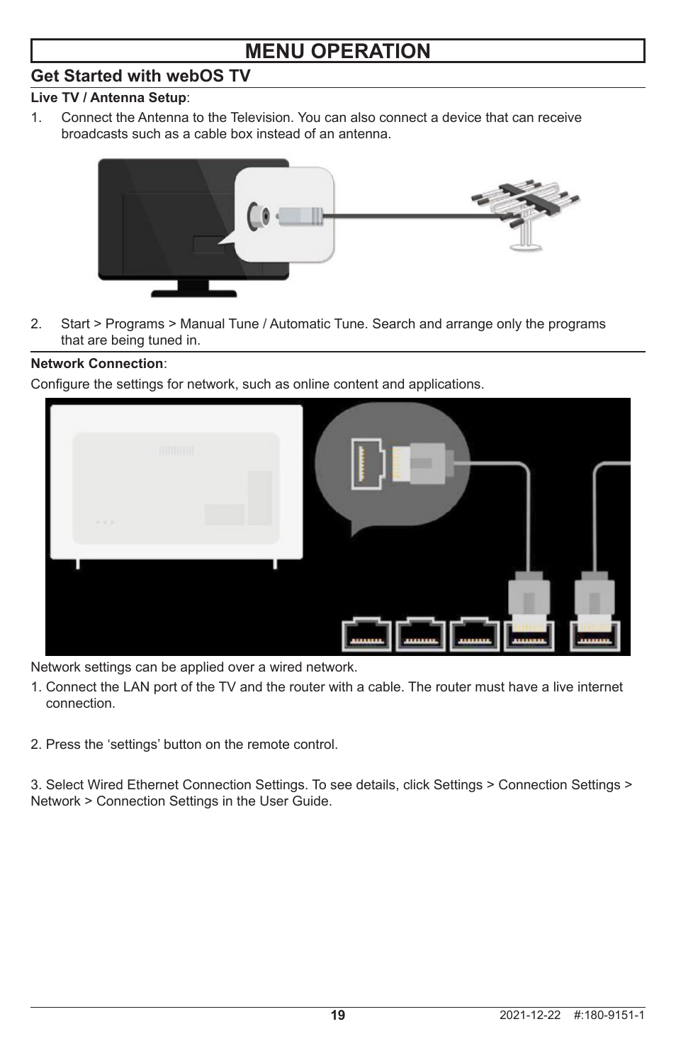 Menu operation, Get started with webos tv | Peerless-AV Neptune 55" 4K UHD HDR Smart IPS LED Outdoor TV (Partial Sun) User Manual | Page 19 / 96