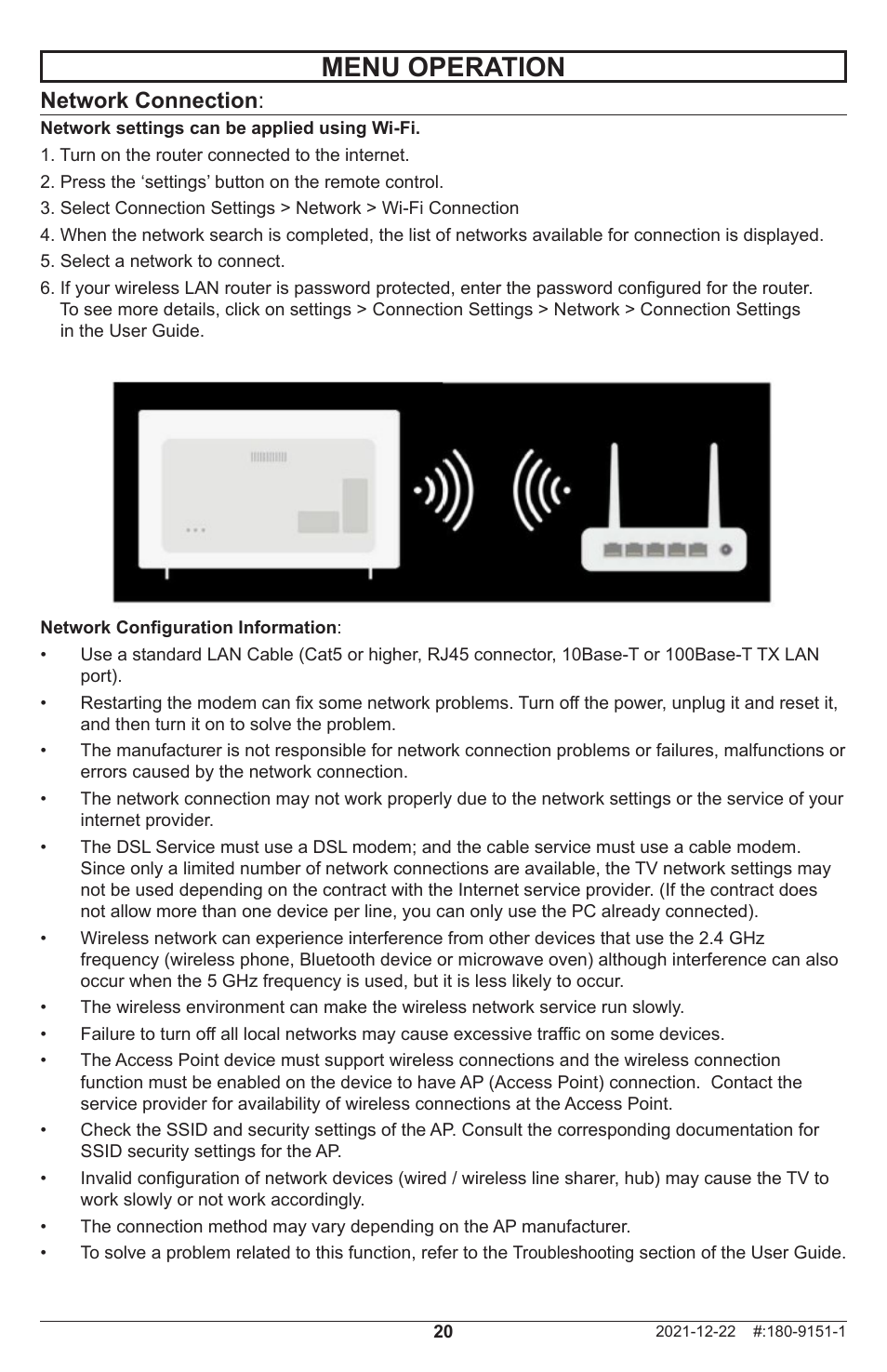 Menu operation, Network connection | Peerless-AV Neptune 55" 4K UHD HDR Smart IPS LED Outdoor TV (Partial Sun) User Manual | Page 20 / 96