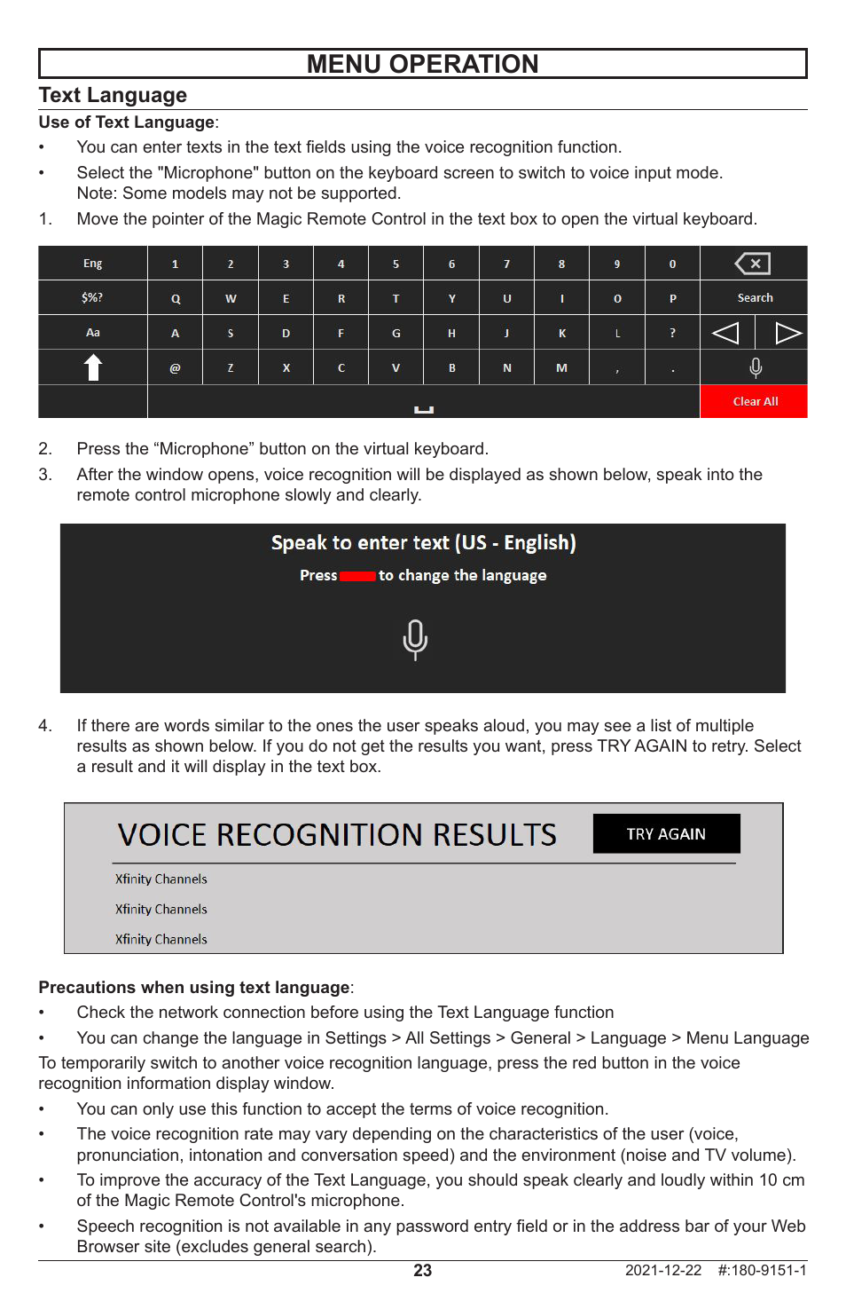 Menu operation, Text language | Peerless-AV Neptune 55" 4K UHD HDR Smart IPS LED Outdoor TV (Partial Sun) User Manual | Page 23 / 96