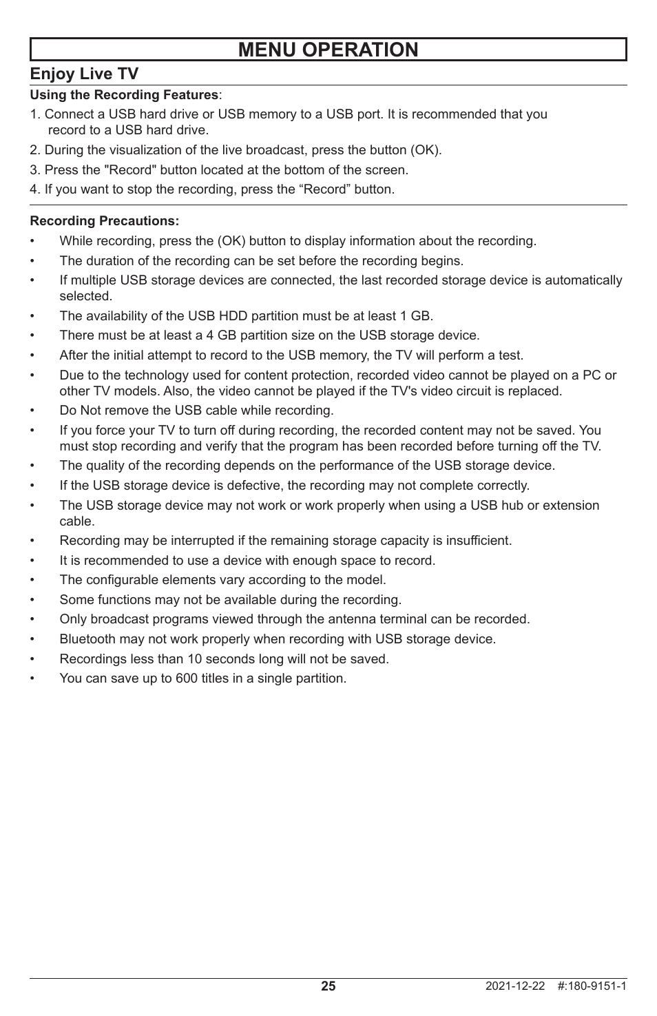 Menu operation, Enjoy live tv | Peerless-AV Neptune 55" 4K UHD HDR Smart IPS LED Outdoor TV (Partial Sun) User Manual | Page 25 / 96