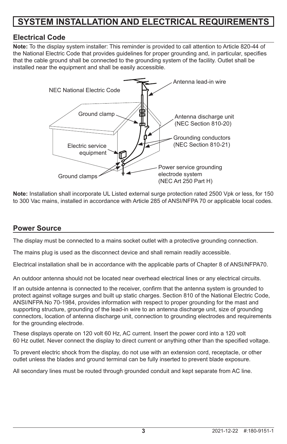 System installation and electrical requirements, Electrical code, Power source | Peerless-AV Neptune 55" 4K UHD HDR Smart IPS LED Outdoor TV (Partial Sun) User Manual | Page 3 / 96