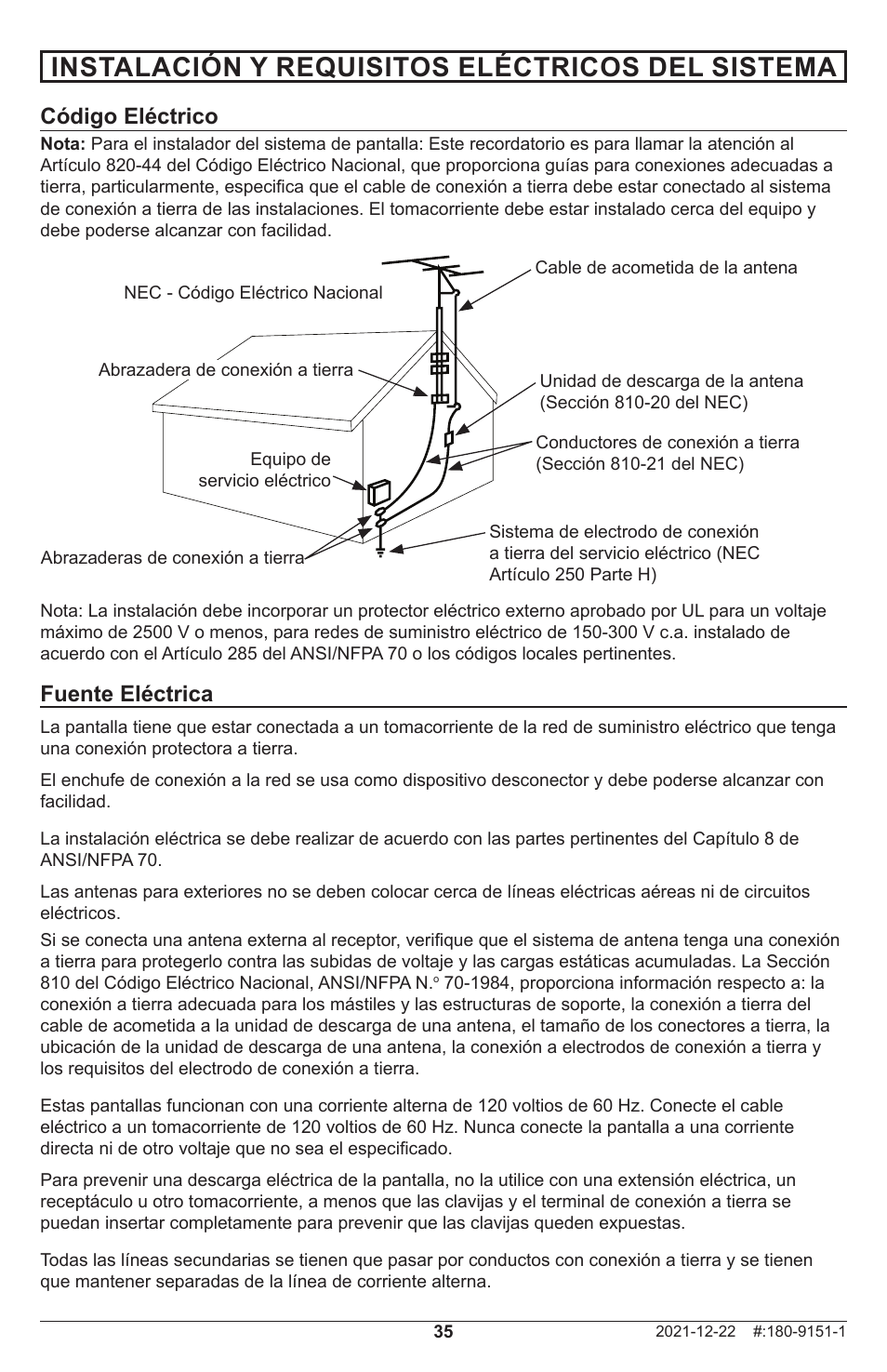 Instalación y requisitos eléctricos del sistema, Fuente eléctrica, Código eléctrico | Peerless-AV Neptune 55" 4K UHD HDR Smart IPS LED Outdoor TV (Partial Sun) User Manual | Page 35 / 96