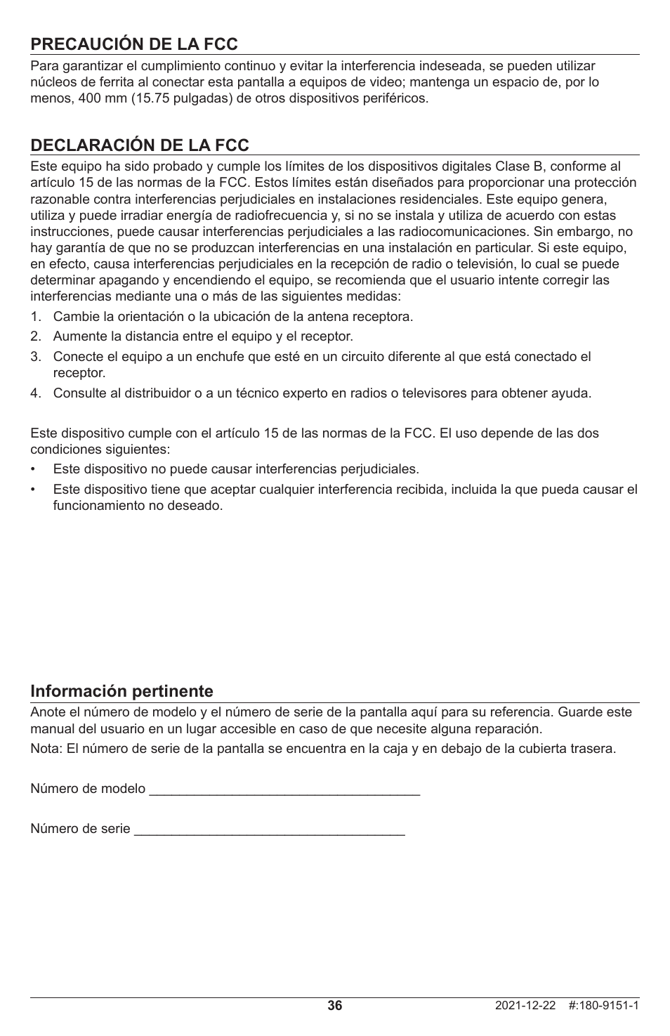 Precaución de la fcc, Declaración de la fcc, Información pertinente | Peerless-AV Neptune 55" 4K UHD HDR Smart IPS LED Outdoor TV (Partial Sun) User Manual | Page 36 / 96