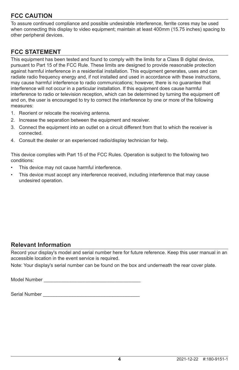 Relevant information, Fcc caution, Fcc statement | Peerless-AV Neptune 55" 4K UHD HDR Smart IPS LED Outdoor TV (Partial Sun) User Manual | Page 4 / 96