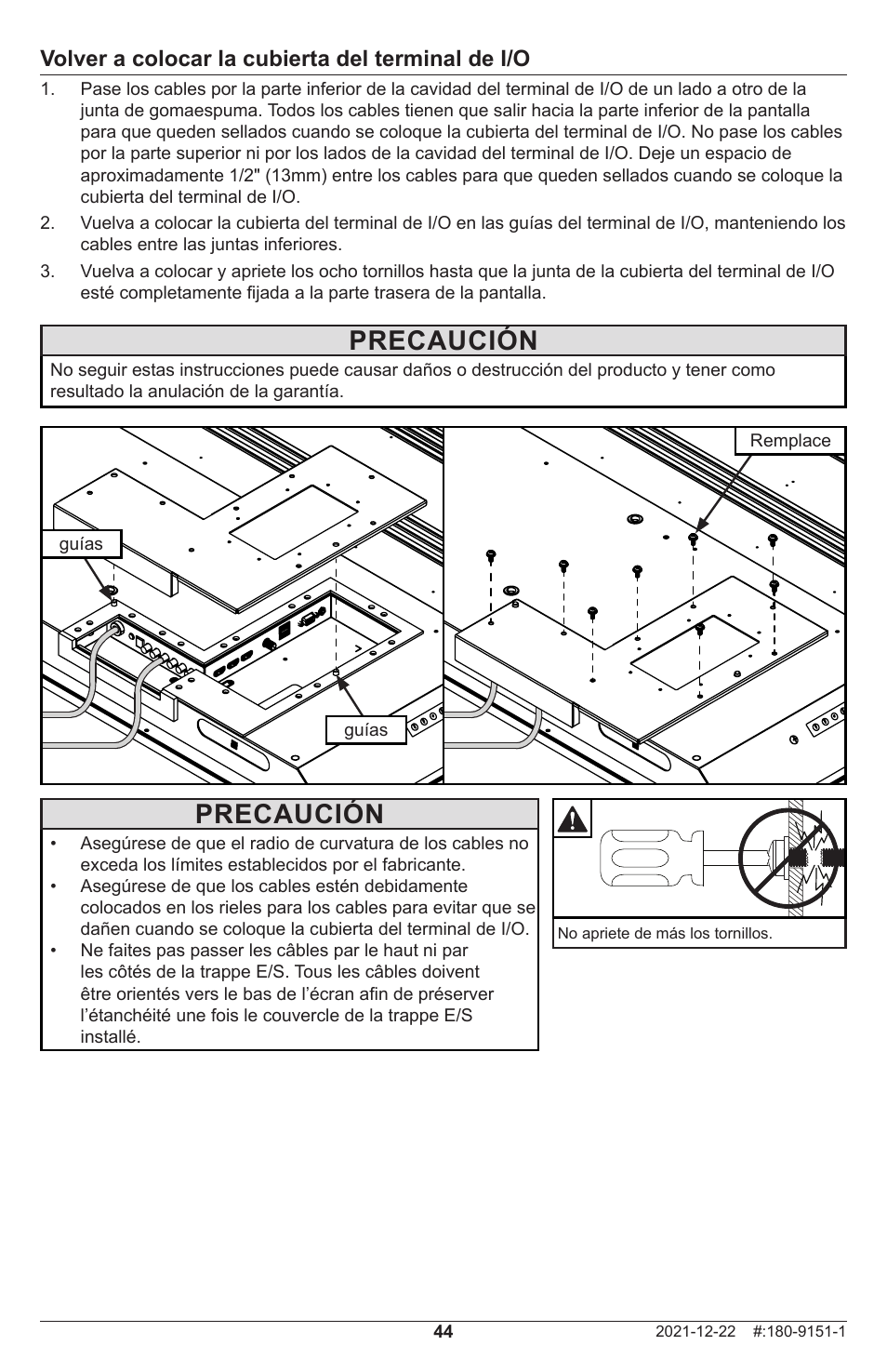 Precaución, Volver a colocar la cubierta del terminal de i/o | Peerless-AV Neptune 55" 4K UHD HDR Smart IPS LED Outdoor TV (Partial Sun) User Manual | Page 44 / 96