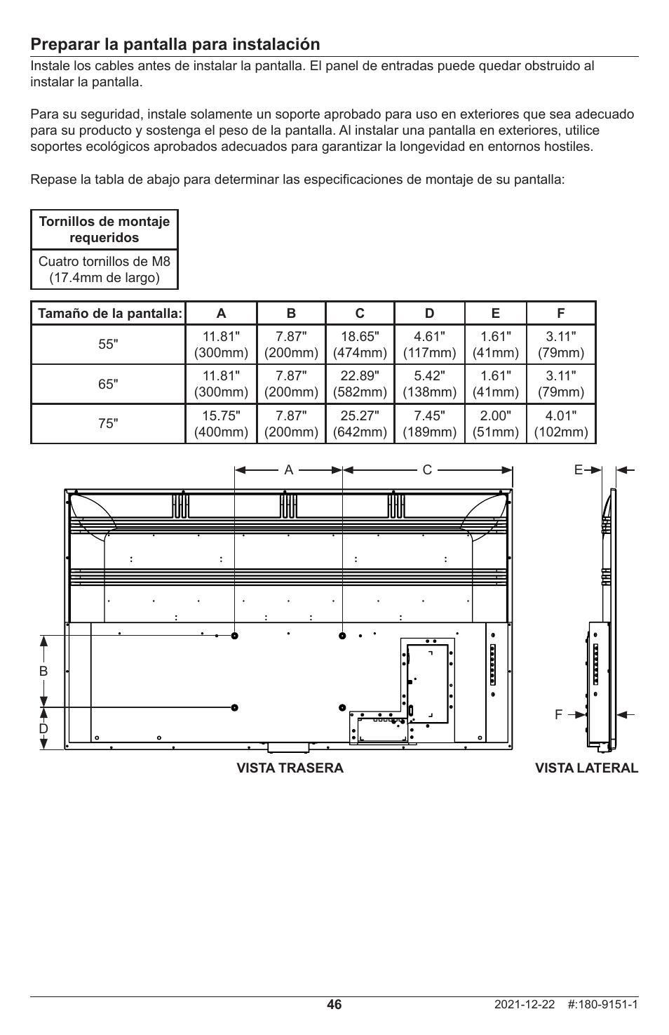 Preparar la pantalla para instalación | Peerless-AV Neptune 55" 4K UHD HDR Smart IPS LED Outdoor TV (Partial Sun) User Manual | Page 46 / 96