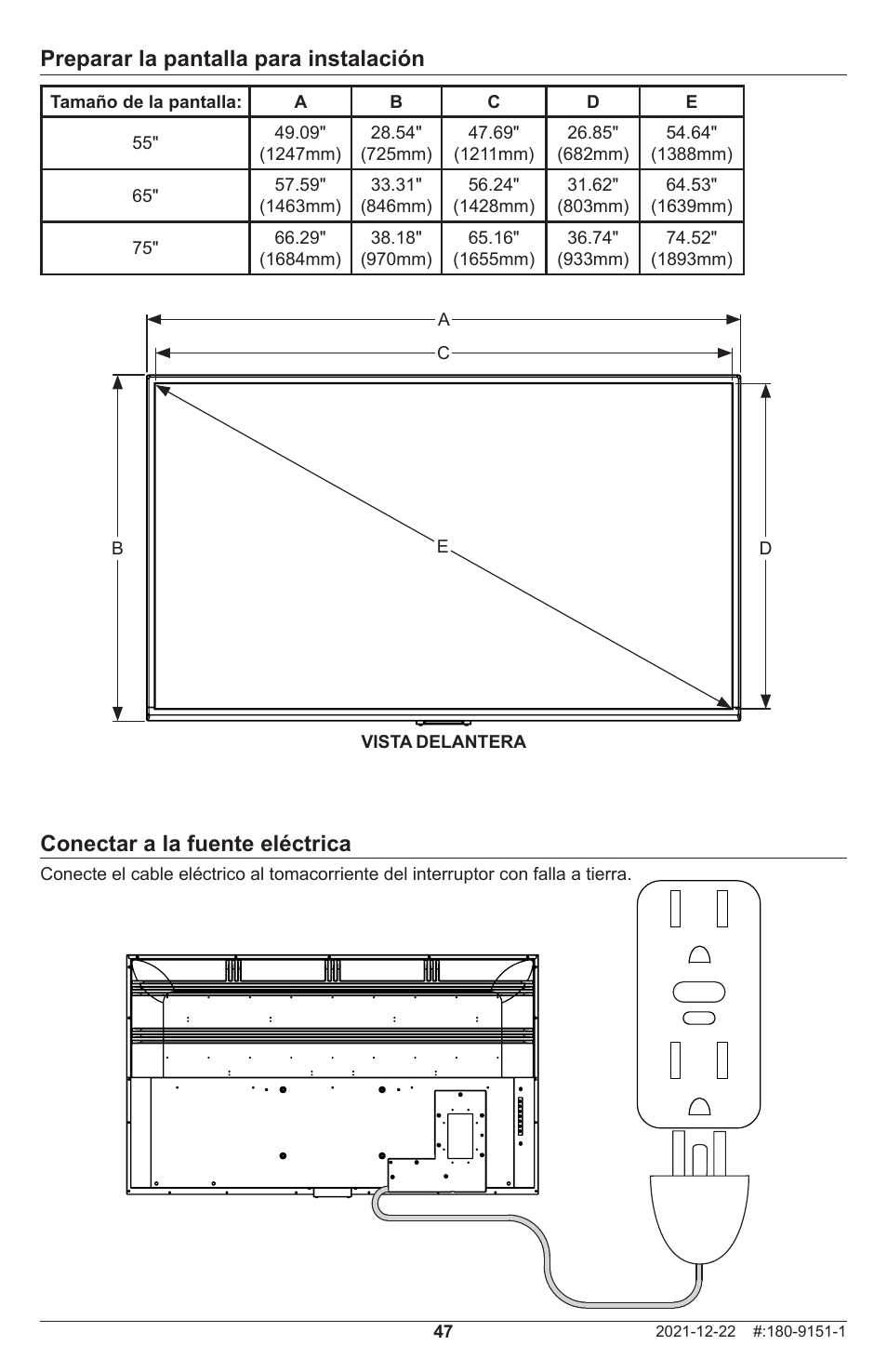 Preparar la pantalla para instalación, Conectar a la fuente eléctrica | Peerless-AV Neptune 55" 4K UHD HDR Smart IPS LED Outdoor TV (Partial Sun) User Manual | Page 47 / 96