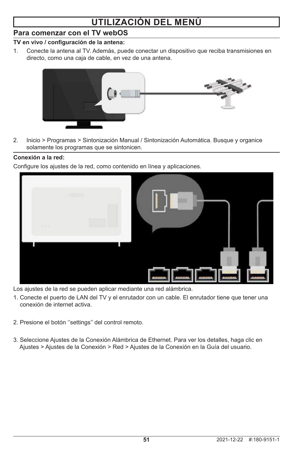 Utilización del menú, Para comenzar con el tv webos | Peerless-AV Neptune 55" 4K UHD HDR Smart IPS LED Outdoor TV (Partial Sun) User Manual | Page 51 / 96