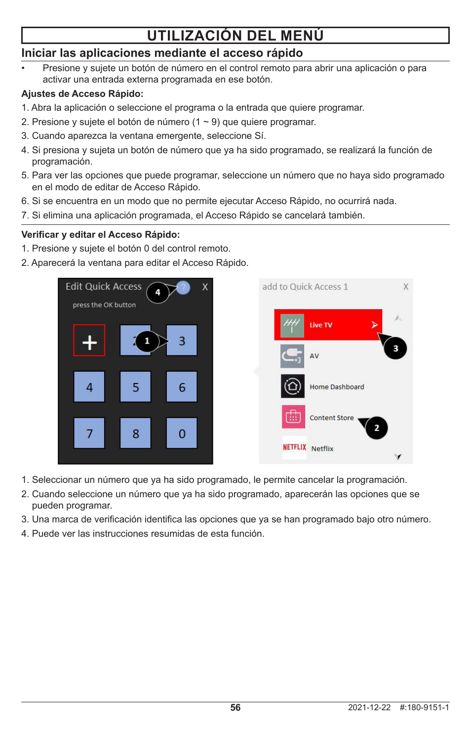 Utilización del menú, Iniciar las aplicaciones mediante el acceso rápido | Peerless-AV Neptune 55" 4K UHD HDR Smart IPS LED Outdoor TV (Partial Sun) User Manual | Page 56 / 96