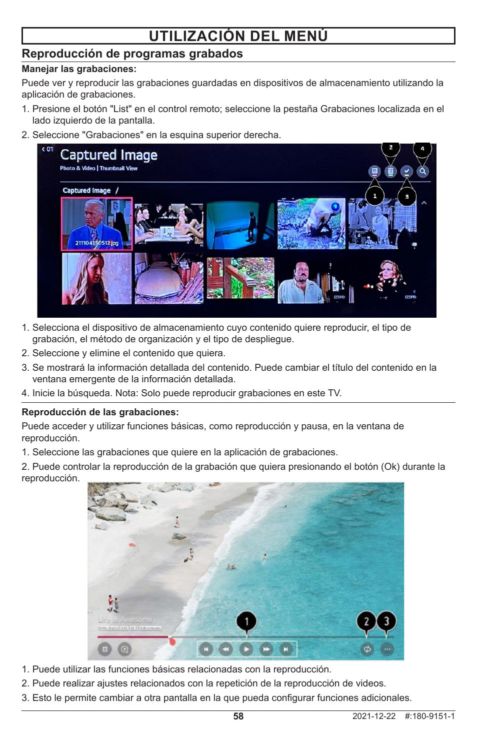 Utilización del menú, Reproducción de programas grabados | Peerless-AV Neptune 55" 4K UHD HDR Smart IPS LED Outdoor TV (Partial Sun) User Manual | Page 58 / 96