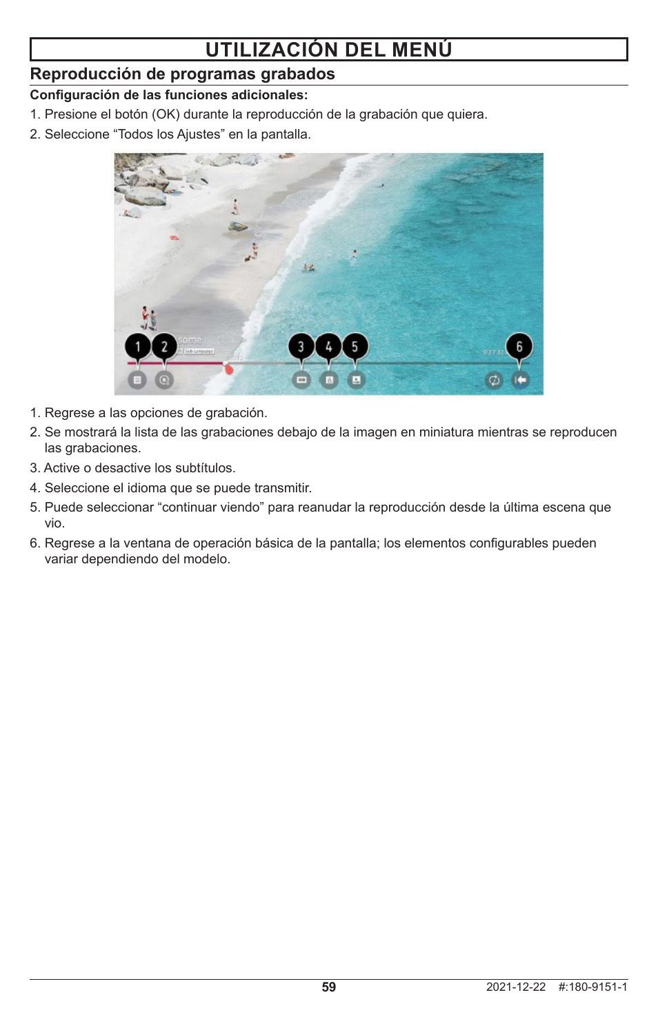 Utilización del menú, Reproducción de programas grabados | Peerless-AV Neptune 55" 4K UHD HDR Smart IPS LED Outdoor TV (Partial Sun) User Manual | Page 59 / 96