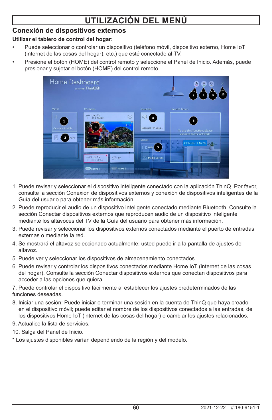 Utilización del menú, Conexión de dispositivos externos | Peerless-AV Neptune 55" 4K UHD HDR Smart IPS LED Outdoor TV (Partial Sun) User Manual | Page 60 / 96