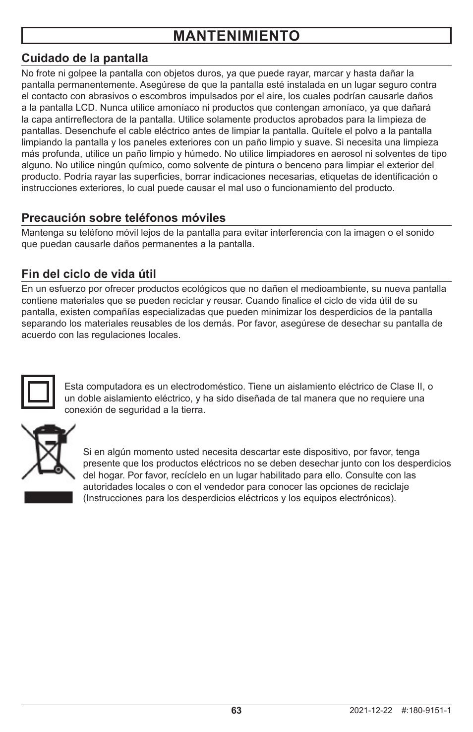 Mantenimiento, Cuidado de la pantalla, Precaución sobre teléfonos móviles | Fin del ciclo de vida útil | Peerless-AV Neptune 55" 4K UHD HDR Smart IPS LED Outdoor TV (Partial Sun) User Manual | Page 63 / 96