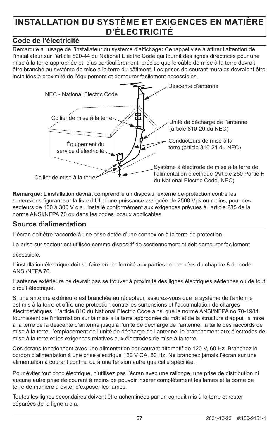 Source d’alimentation, Code de l’électricité | Peerless-AV Neptune 55" 4K UHD HDR Smart IPS LED Outdoor TV (Partial Sun) User Manual | Page 67 / 96