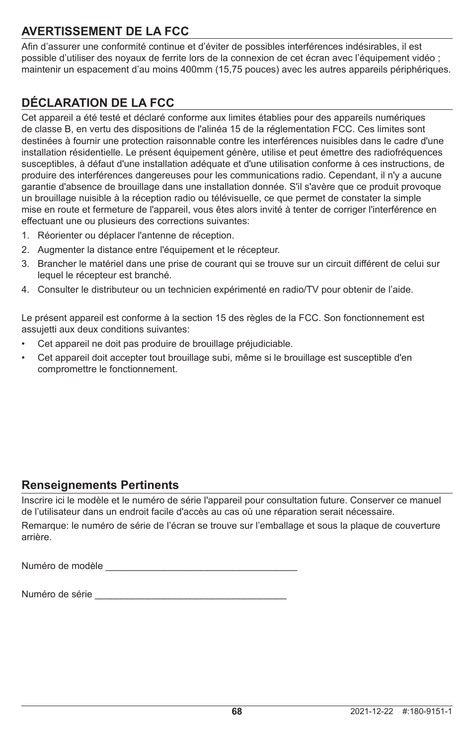 Renseignements pertinents, Avertissement de la fcc, Déclaration de la fcc | Peerless-AV Neptune 55" 4K UHD HDR Smart IPS LED Outdoor TV (Partial Sun) User Manual | Page 68 / 96