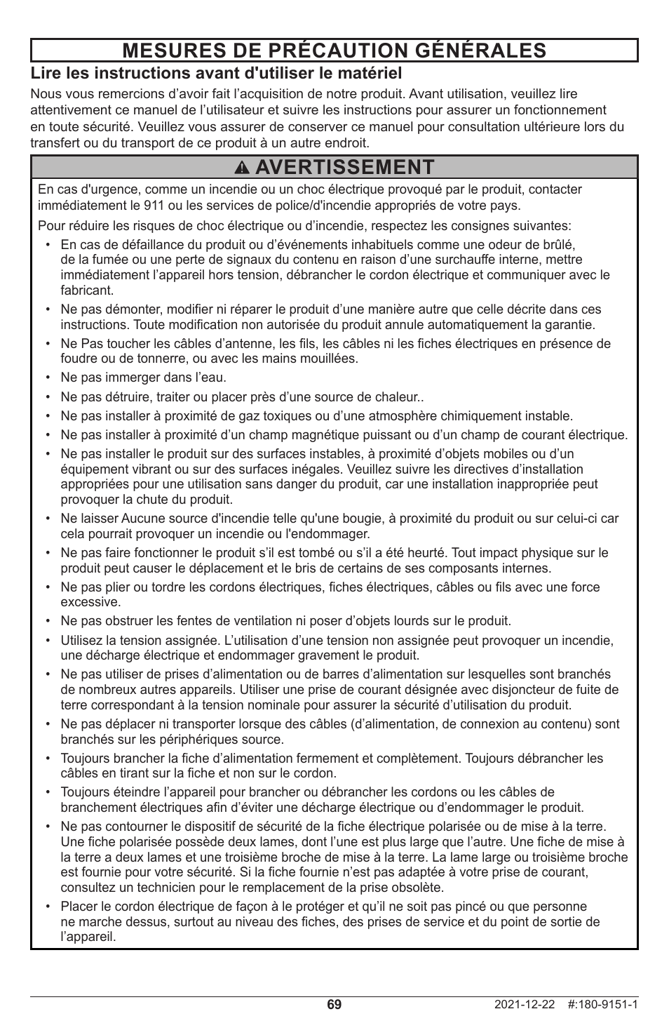 Avertissement mesures de précaution générales, Lire les instructions avant d'utiliser le matériel | Peerless-AV Neptune 55