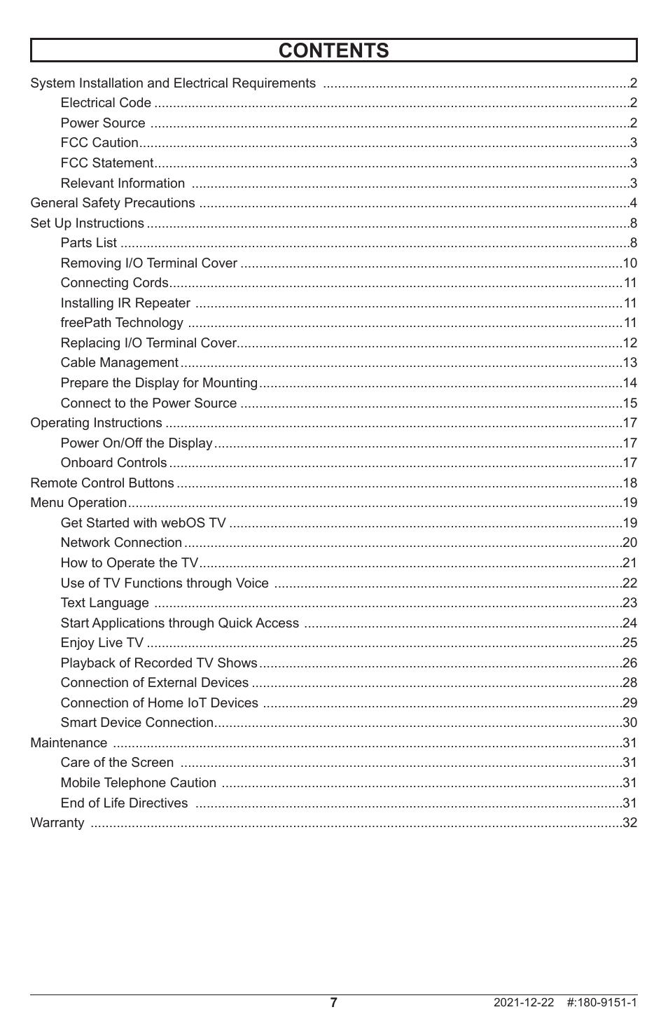 Peerless-AV Neptune 55" 4K UHD HDR Smart IPS LED Outdoor TV (Partial Sun) User Manual | Page 7 / 96