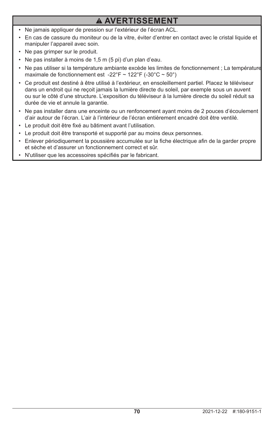Avertissement | Peerless-AV Neptune 55" 4K UHD HDR Smart IPS LED Outdoor TV (Partial Sun) User Manual | Page 70 / 96