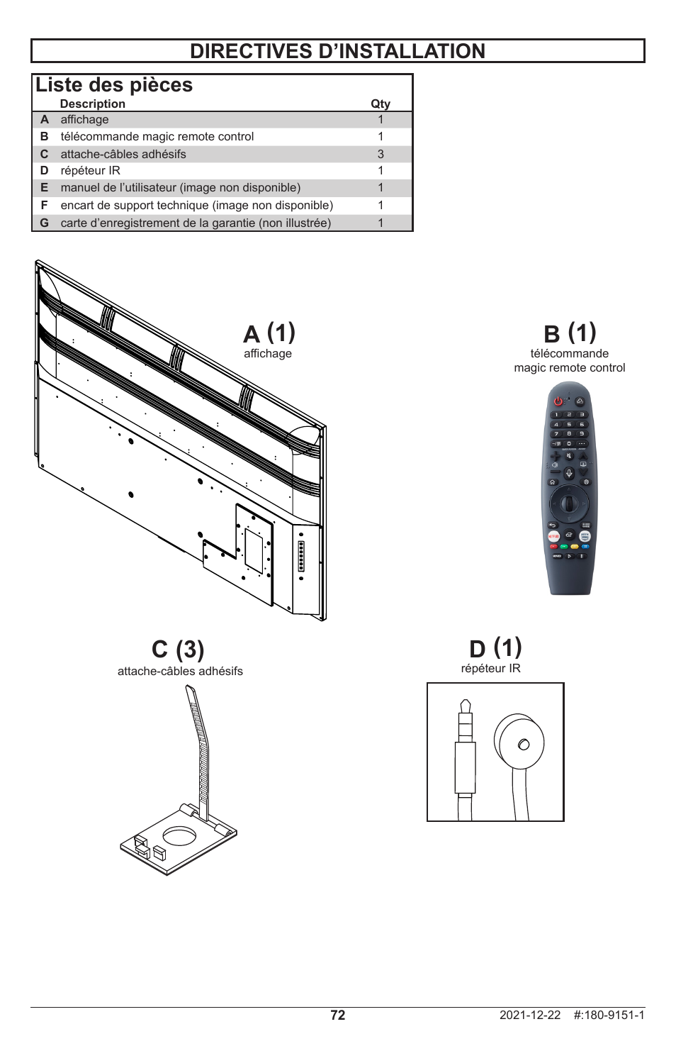 A (1), B (1), D (1) | C (3), Directives d’installation liste des pièces | Peerless-AV Neptune 55" 4K UHD HDR Smart IPS LED Outdoor TV (Partial Sun) User Manual | Page 72 / 96