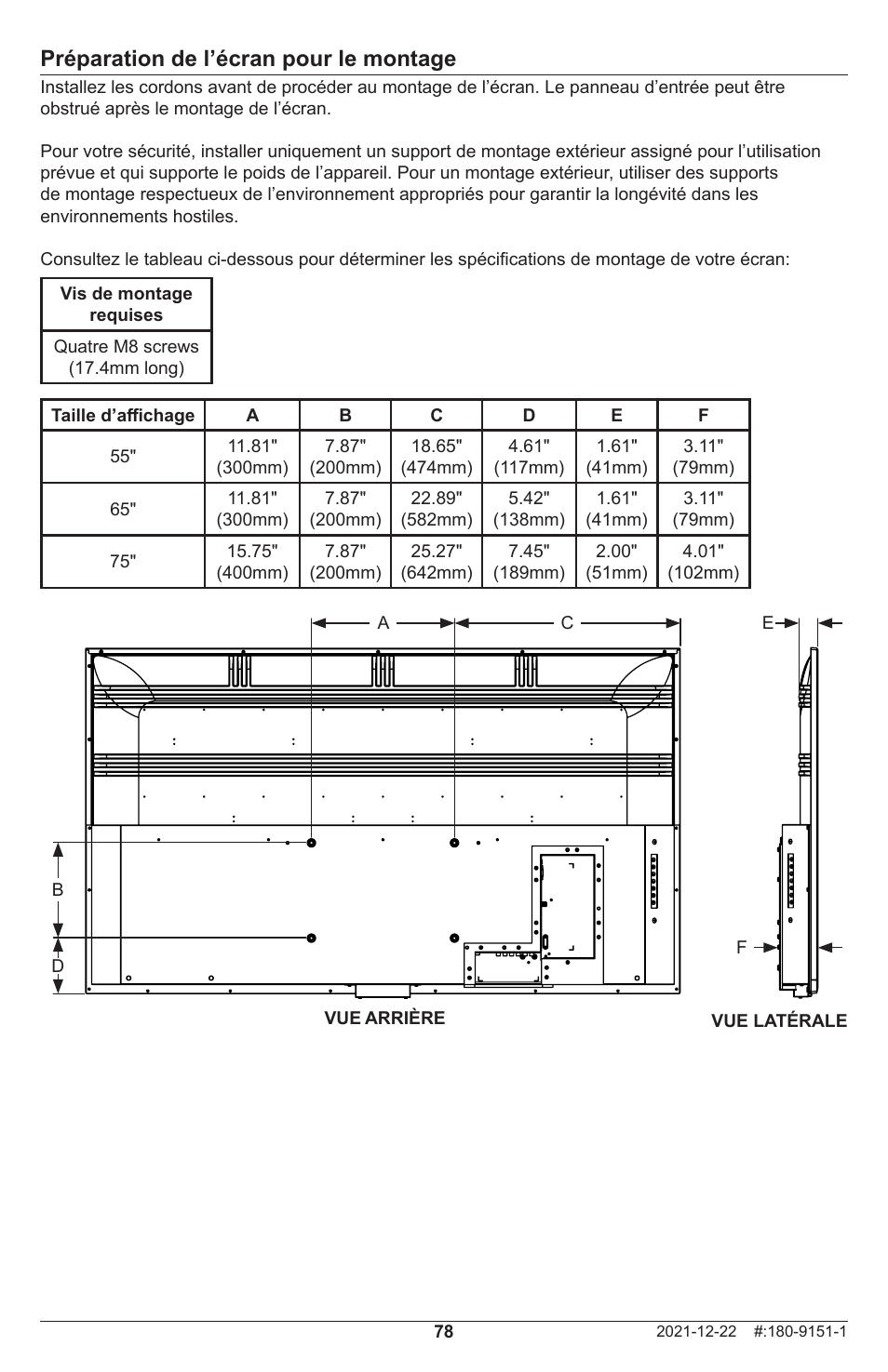 Préparation de l’écran pour le montage | Peerless-AV Neptune 55" 4K UHD HDR Smart IPS LED Outdoor TV (Partial Sun) User Manual | Page 78 / 96