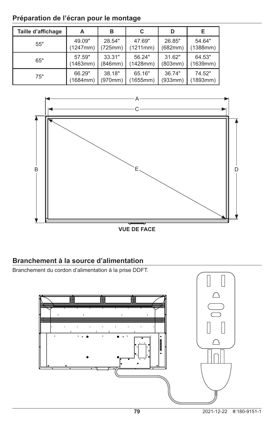 Préparation de l’écran pour le montage, Branchement à la source d’alimentation | Peerless-AV Neptune 55" 4K UHD HDR Smart IPS LED Outdoor TV (Partial Sun) User Manual | Page 79 / 96