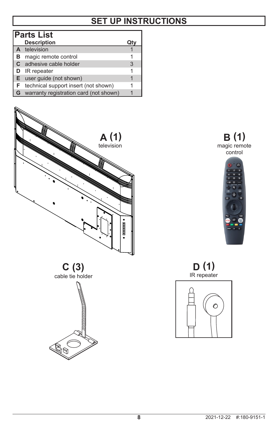 A (1), B (1), D (1) | C (3), Set up instructions parts list | Peerless-AV Neptune 55" 4K UHD HDR Smart IPS LED Outdoor TV (Partial Sun) User Manual | Page 8 / 96