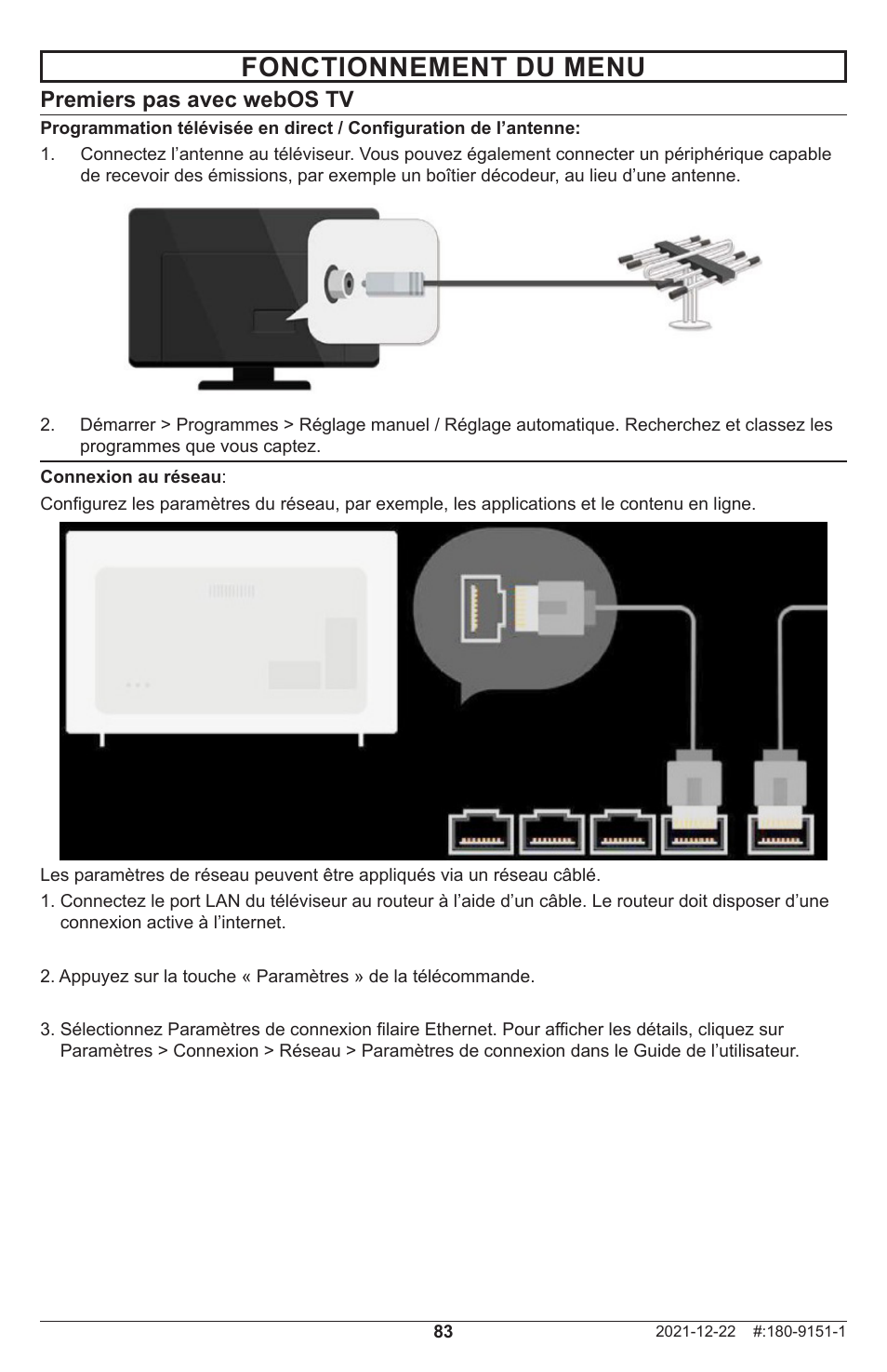 Fonctionnement du menu, Premiers pas avec webos tv | Peerless-AV Neptune 55" 4K UHD HDR Smart IPS LED Outdoor TV (Partial Sun) User Manual | Page 83 / 96