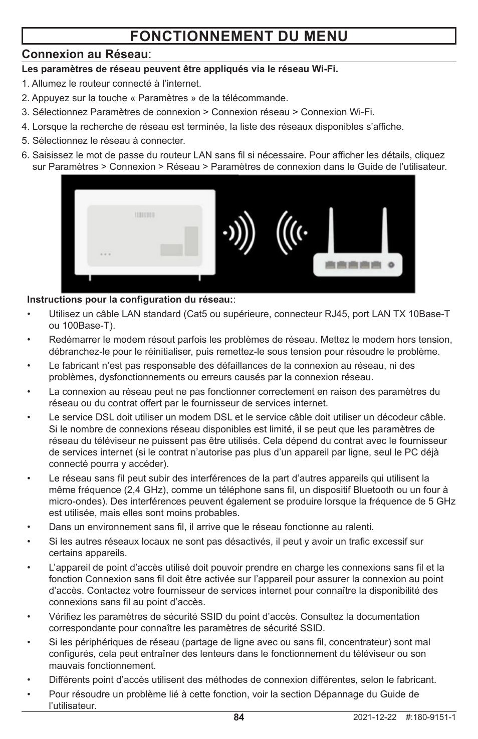 Fonctionnement du menu, Connexion au réseau | Peerless-AV Neptune 55" 4K UHD HDR Smart IPS LED Outdoor TV (Partial Sun) User Manual | Page 84 / 96