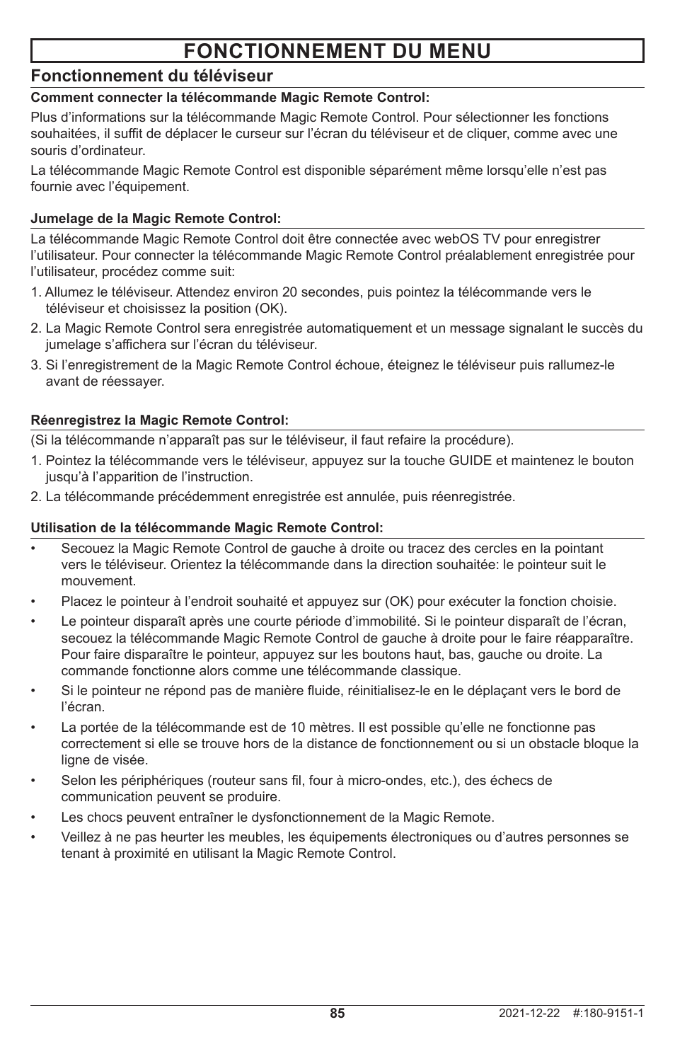 Fonctionnement du menu, Fonctionnement du téléviseur | Peerless-AV Neptune 55" 4K UHD HDR Smart IPS LED Outdoor TV (Partial Sun) User Manual | Page 85 / 96