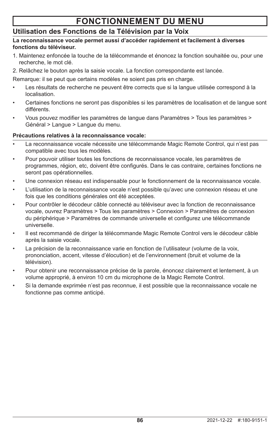 Fonctionnement du menu | Peerless-AV Neptune 55" 4K UHD HDR Smart IPS LED Outdoor TV (Partial Sun) User Manual | Page 86 / 96