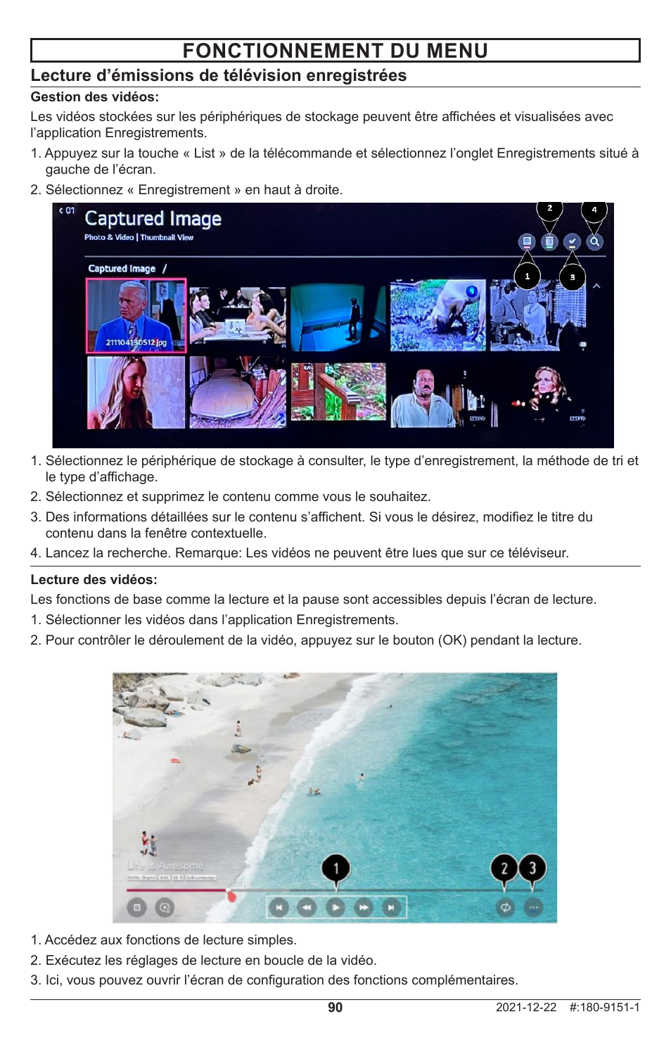 Fonctionnement du menu, Lecture d’émissions de télévision enregistrées | Peerless-AV Neptune 55" 4K UHD HDR Smart IPS LED Outdoor TV (Partial Sun) User Manual | Page 90 / 96