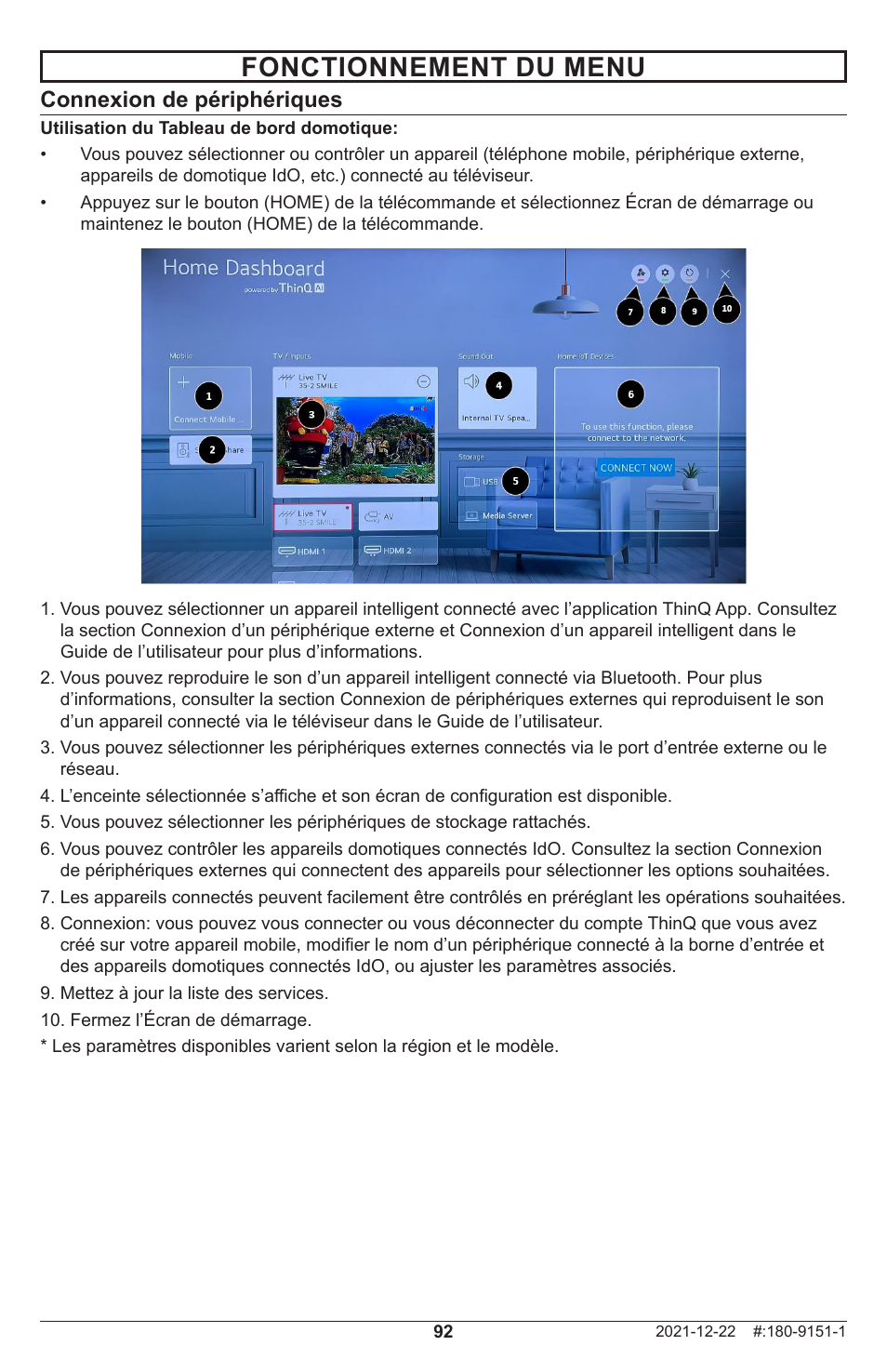 Fonctionnement du menu, Connexion de périphériques | Peerless-AV Neptune 55" 4K UHD HDR Smart IPS LED Outdoor TV (Partial Sun) User Manual | Page 92 / 96