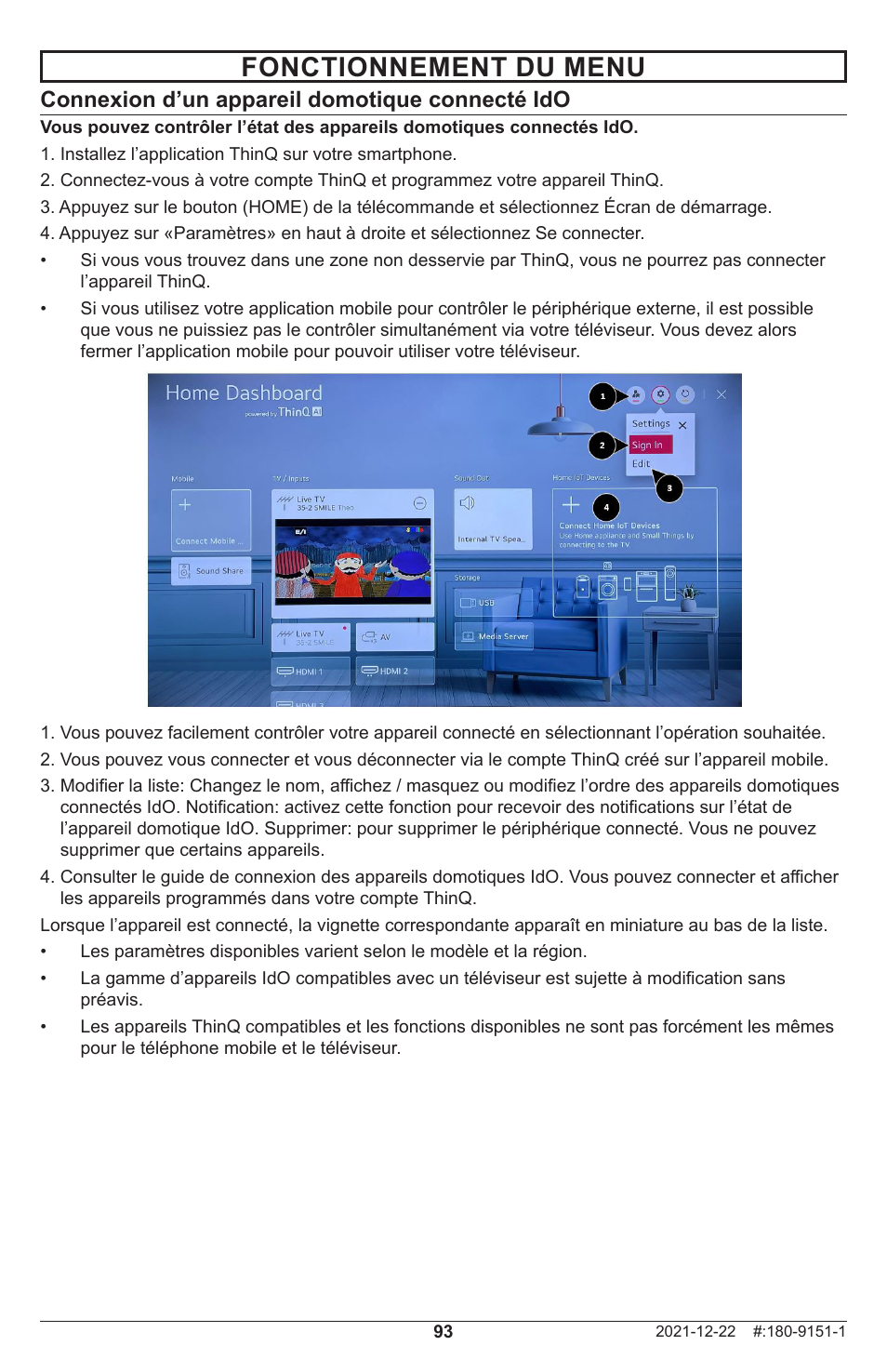 Fonctionnement du menu, Connexion d’un appareil domotique connecté ido | Peerless-AV Neptune 55" 4K UHD HDR Smart IPS LED Outdoor TV (Partial Sun) User Manual | Page 93 / 96