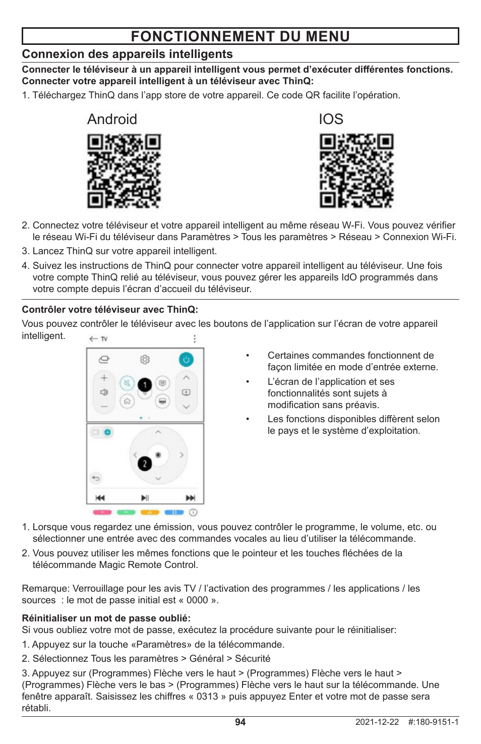 Fonctionnement du menu, Android ios, Connexion des appareils intelligents | Peerless-AV Neptune 55" 4K UHD HDR Smart IPS LED Outdoor TV (Partial Sun) User Manual | Page 94 / 96