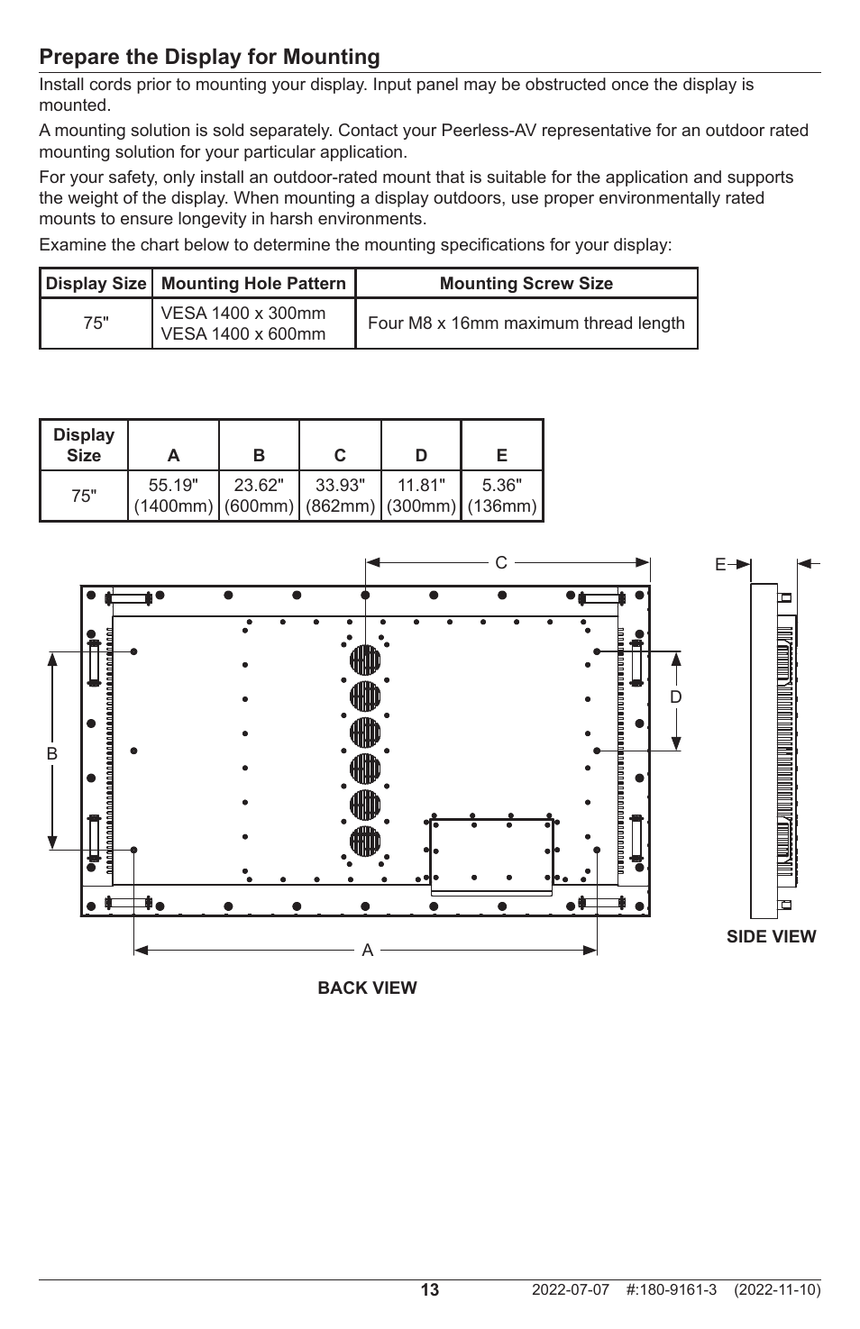 Prepare the display for mounting | Peerless-AV XHB754 4K UHD Xtreme High Bright LED Outdoor Display (75") User Manual | Page 13 / 84