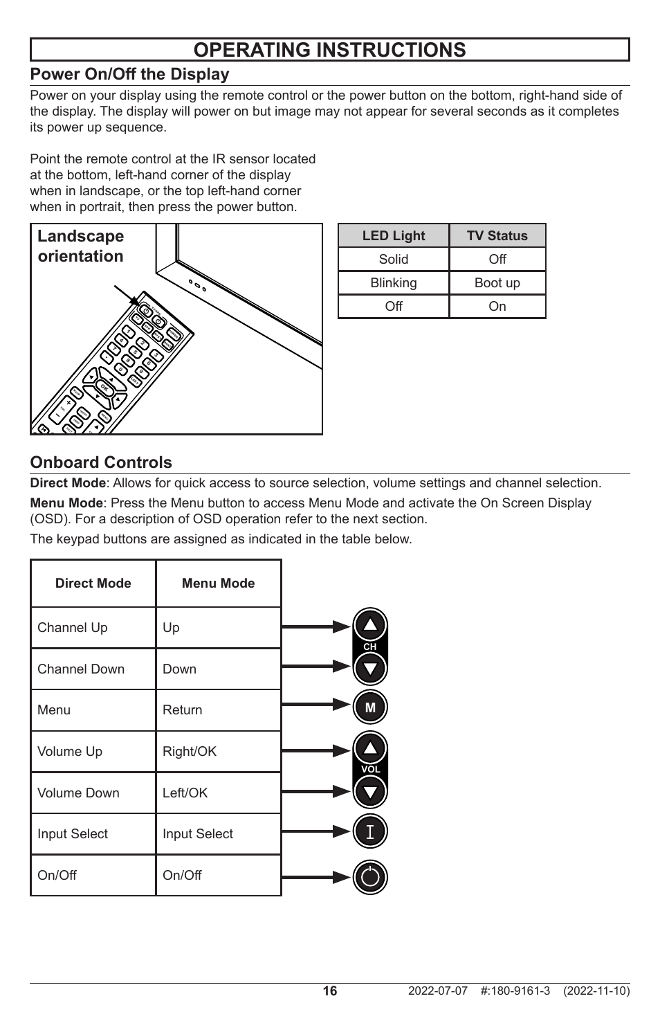 Operating instructions, Power on/off the display, Onboard controls | Landscape orientation | Peerless-AV XHB754 4K UHD Xtreme High Bright LED Outdoor Display (75") User Manual | Page 16 / 84