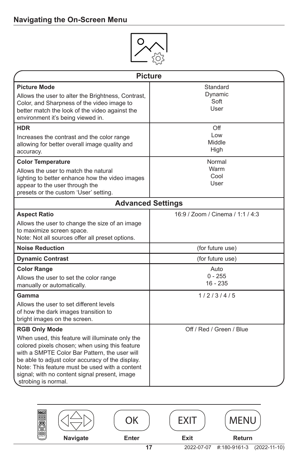 Ok menu exit ok menu exit ok menu exit ok exit, Navigating the on-screen menu picture, Advanced settings | Peerless-AV XHB754 4K UHD Xtreme High Bright LED Outdoor Display (75") User Manual | Page 17 / 84