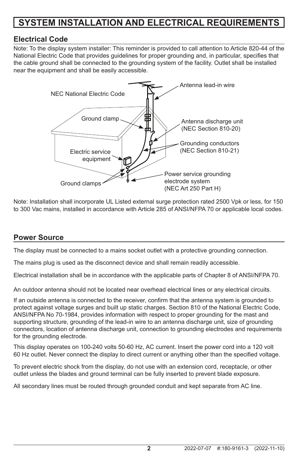 System installation and electrical requirements, Electrical code, Power source | Peerless-AV XHB754 4K UHD Xtreme High Bright LED Outdoor Display (75") User Manual | Page 2 / 84