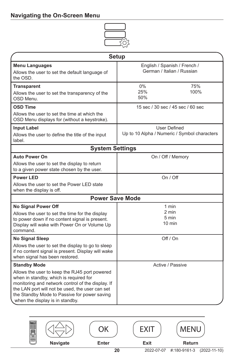 Ok menu exit ok menu exit ok menu exit ok exit, Navigating the on-screen menu, Setup | System settings power save mode | Peerless-AV XHB754 4K UHD Xtreme High Bright LED Outdoor Display (75") User Manual | Page 20 / 84