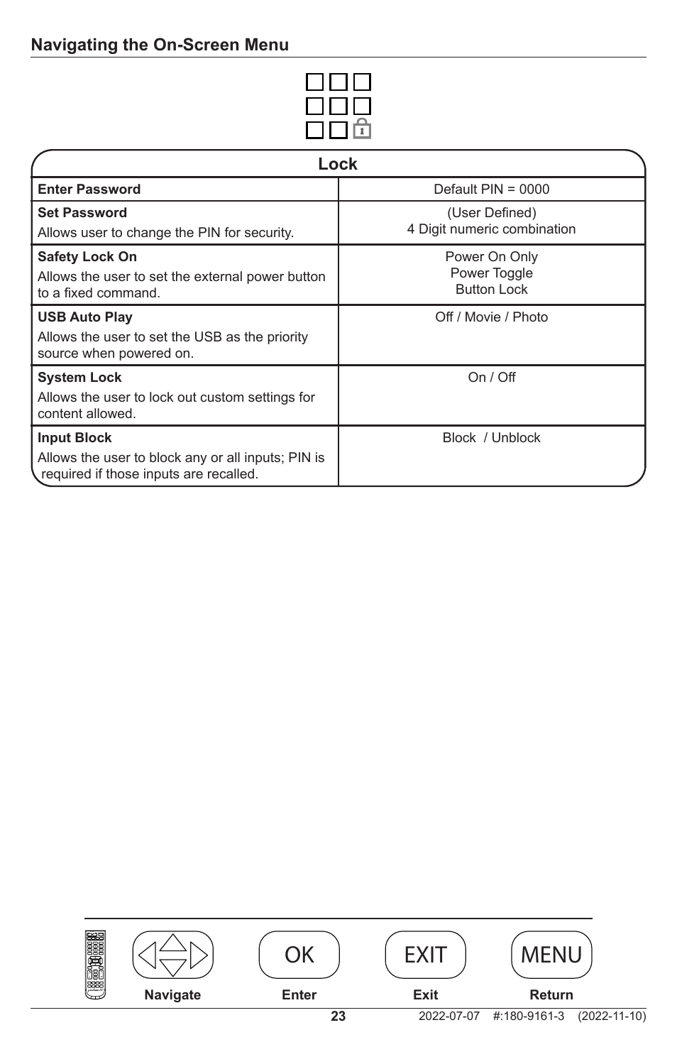 Ok menu exit ok menu exit ok menu exit ok exit, Navigating the on-screen menu lock | Peerless-AV XHB754 4K UHD Xtreme High Bright LED Outdoor Display (75") User Manual | Page 23 / 84