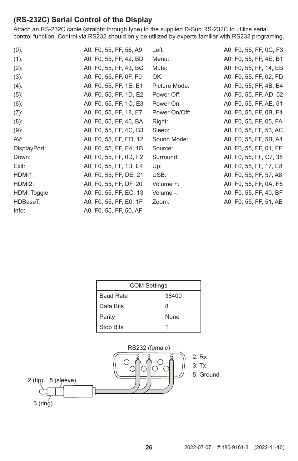 Rs-232c) serial control of the display | Peerless-AV XHB754 4K UHD Xtreme High Bright LED Outdoor Display (75") User Manual | Page 26 / 84