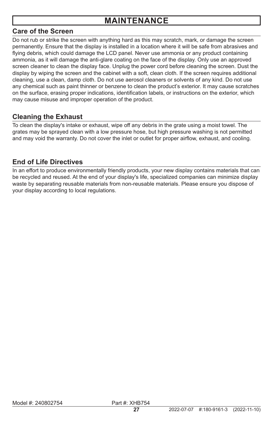 Maintenance, Care of the screen, Cleaning the exhaust | End of life directives | Peerless-AV XHB754 4K UHD Xtreme High Bright LED Outdoor Display (75") User Manual | Page 27 / 84