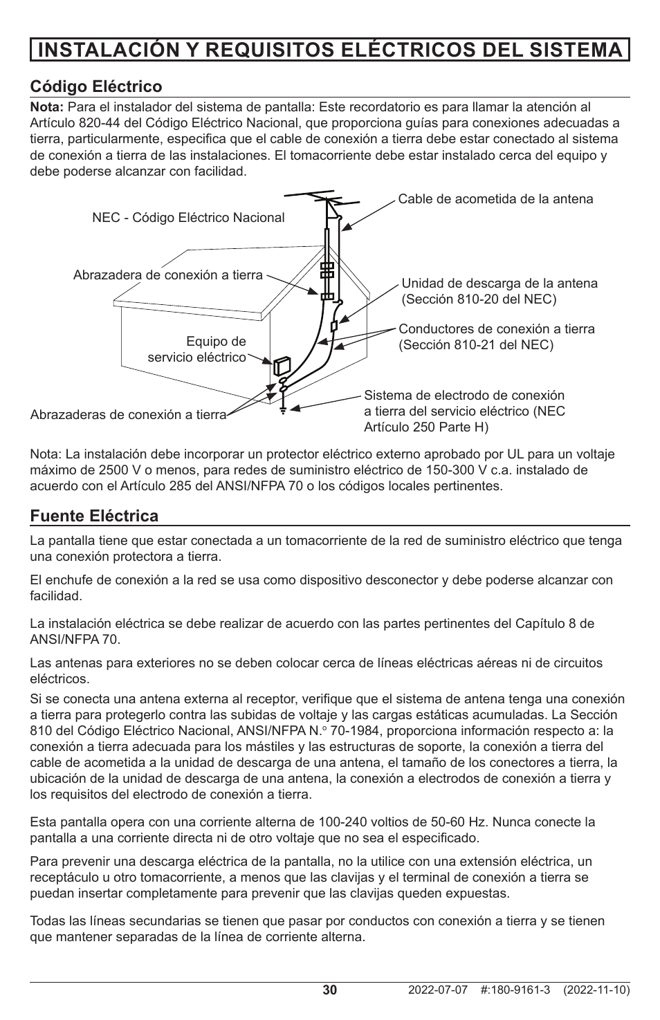 Instalación y requisitos eléctricos del sistema, Fuente eléctrica, Código eléctrico | Peerless-AV XHB754 4K UHD Xtreme High Bright LED Outdoor Display (75") User Manual | Page 30 / 84