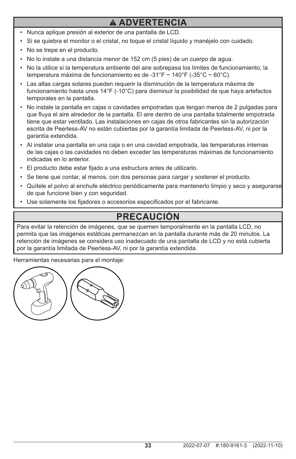 Precaución, Advertencia | Peerless-AV XHB754 4K UHD Xtreme High Bright LED Outdoor Display (75") User Manual | Page 33 / 84