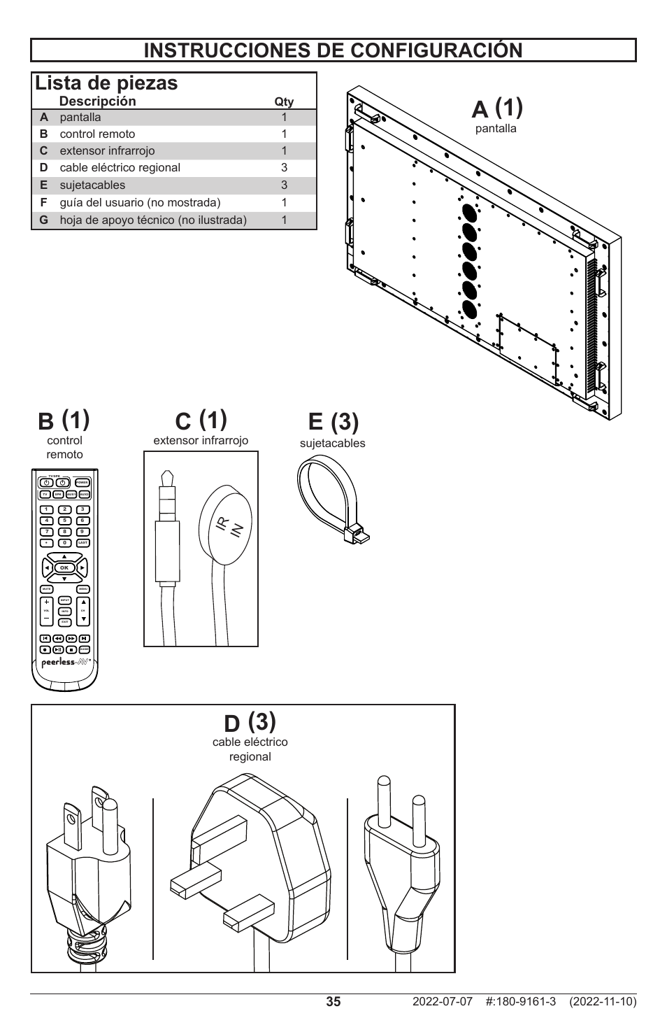 B (1) a (1), C (1), D (3) | E (3), Instrucciones de configuración lista de piezas, Descripción, Ir in | Peerless-AV XHB754 4K UHD Xtreme High Bright LED Outdoor Display (75") User Manual | Page 35 / 84